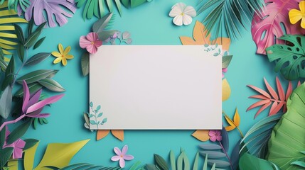 Blank card surrounded by colorful paper tropical leaves and flowers on blue background. Concept of summer, vacation, invitation, greeting card, or banner design.