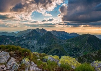Mountain sunset  panorama landscape in Rohace area of the Tatra National Park, Western Tatras, Poland and Slovakia, Europe.