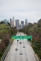 Dramatic Overlook of Downtown Los Angeles From Above Freeway Overpass Bridge