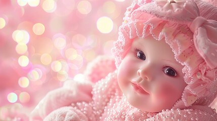 Fototapeta premium Charming Doll of a Child Amidst Twinkling Bokeh Lights