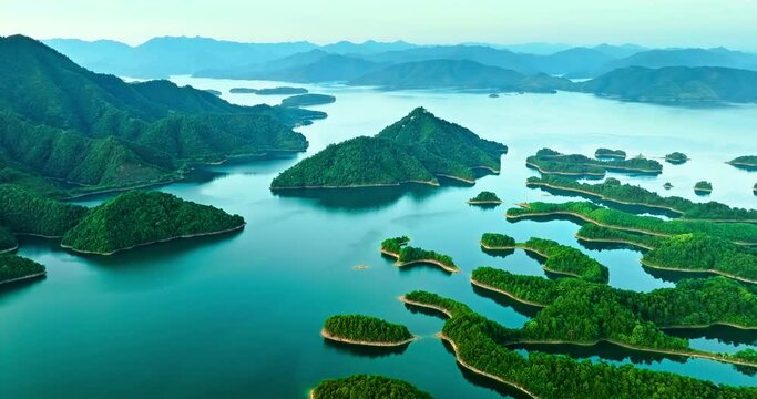 Aerial view of beautiful Qiandao Lake natural landscape in Hangzhou. There are many islands here. it is a famous holiday resort in china.