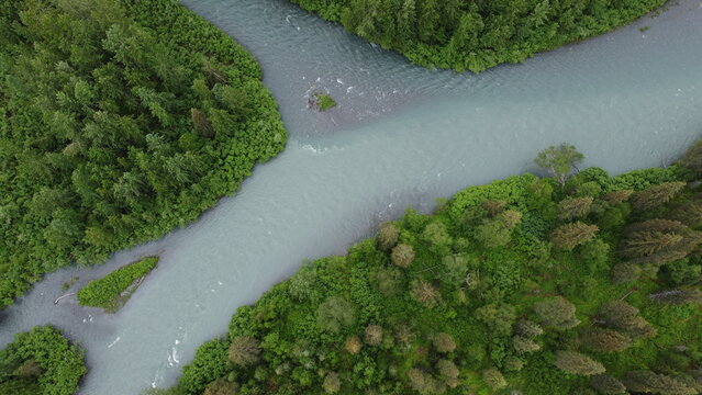 Aerial View of Alaskan River and Forest