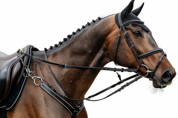 Obraz premium Brown horse with a black saddle and bridle, white background