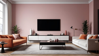 Fototapeta premium Elegant living room interior mockup featuring a blank wall ready for customization, surrounded by contemporary furnishings and subtle decorative elements, Generative AI