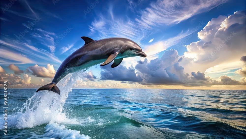 Poster Playful dolphin jumping out of the water in the ocean , dolphin, aquatic, marine life, mammal, jumping, playful, water, sea