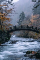 Obraz premium A scenic bridge spanning a flowing river, with a soft background of a forest.