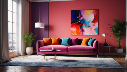A luxurious living room adorned with a single plush sofa, vibrant hues, and an unadorned wall, exuding an air of sophistication and spaciousness, Generative AI