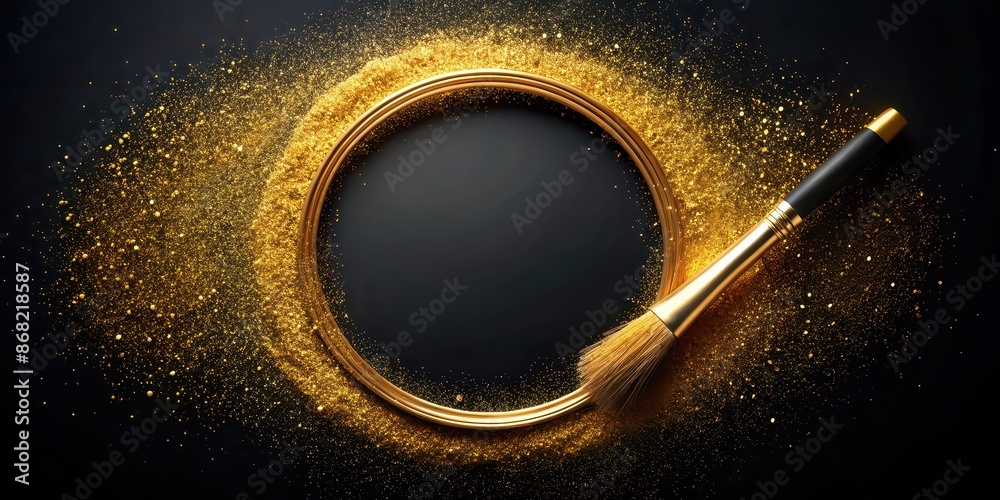 Wall mural Glittery golden circle frame with paint brush stroke on dark background, glitter, golden, circle, frame