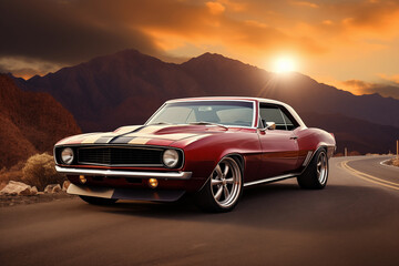 Vintage muscle car parked on open road with scenic sunset backdrop. Generative AI