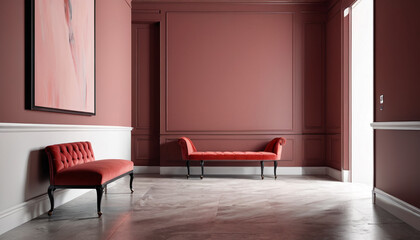 Fototapeta premium A grand hallway with a solitary elegant bench, striking colors, and an empty wall, perfect for an airy and refined entrance, Generative AI