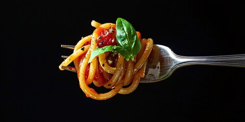 Pasta on a prong with red sauce and herb leaf on dark backdrop culinary idea eatery formula gastronomy website.