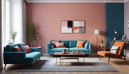 A serene lounge space in a compact flat, featuring soothing colors against a plain backdrop, offering a tranquil environment for relaxation and contemplation, Generative AI