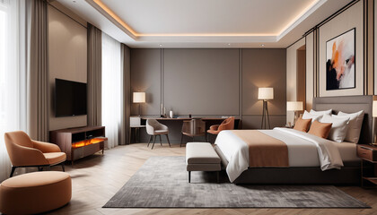 Fototapeta premium A comfortable hotel suite with neutral colors against a plain backdrop, offering a welcoming space for travelers to unwind and feel at home, Generative AI