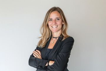 Smiling middle-aged professional business woman wearing business smart casual clothes posing isolated on white wall background with copy space