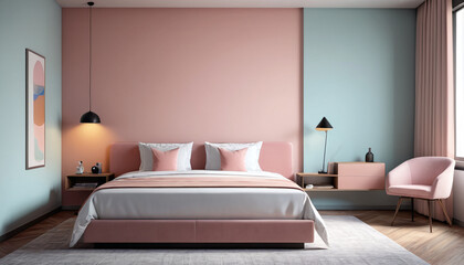 A modern hotel room adorned with subtle pastel colors against an empty wall, offering a sleek and contemporary environment for guests to enjoy a restful and rejuvenating stay, Generative AI