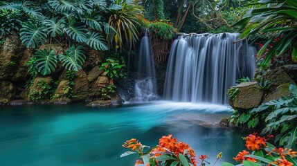 Obraz premium A tropical waterfall cascading into a turquoise pool, surrounded by exotic plants and flowers
