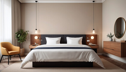 An elegant -style hotel room with a plain wall backdrop, adorned in neutral and muted tones, offering a serene and stylish space for guests to unwind and enjoy a peaceful stay, Generative AI