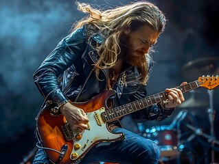 Obraz premium Charismatic Rock Musician Performing on Stage with Electric Guitar and Dynamic Poses