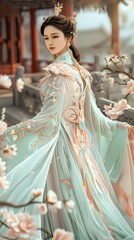 Fototapeta premium Enchanting Asian Woman in Vibrant Silk Traditional Dress in Serene Outdoor Courtyard