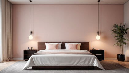 A minimalist hotel room with a plain wall backdrop, adorned in subtle and soft hues, creating a calm and modern environment for guests to relax and enjoy their stay, Generative AI