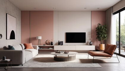 Fototapeta premium A minimalist living room with a plain wall backdrop, featuring soft and subtle hues, creates a serene and contemporary environment for guests to relax and enjoy their stay, Generative AI