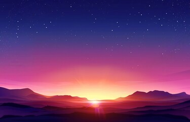 Stunning digital illustration of a vibrant sunset over mountains and a serene lake, under a starry evening sky.