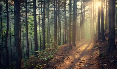 Obraz premium Sunbeams Through the Forest Trees