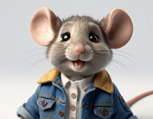 Obraz premium Cute little mouse in the jeans, słodka mała w kurtce jeansowej, animacja, grafika, 3d