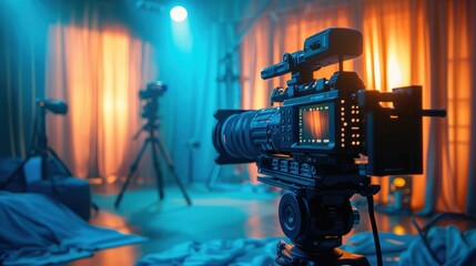Professional Camera Setup in a Studio with Dramatic Lighting for Film or Video Production