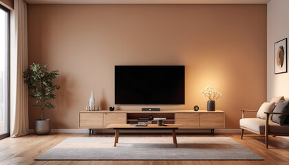 The minimalist relaxing room features a plain wall backdrop in the warm hue of Tanbark, offering a cozy and contemporary environment for relaxation, Generative AI