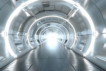 Fototapeta premium Futuristic white spaceship corridor with bright light at the end. Sci-fi tunnel or hallway. Concept of technology, future, space travel, and innovation.