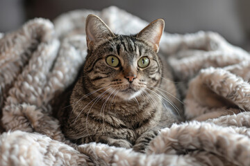 Fototapeta premium Tabby cat with green eyes posing on soft blanket fluffy coat on display