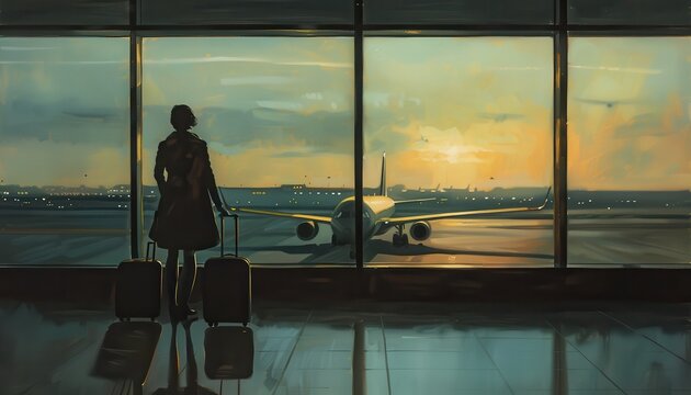 Traveler with luggage looks at airplane through airport window at sunset, depicting journey, travel, and adventure.
