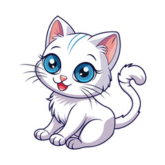 Cute white cat with beautiful blue eyes. International cat day. Cartoon character in flat style. Vector illustration
