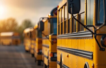 Yellow school buses lined up in front of a school, school buses, education transportation,