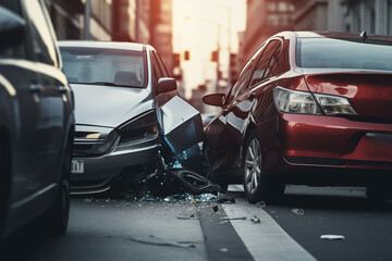 Naklejka premium Collision between two vehicles on a busy city street. Generative AI