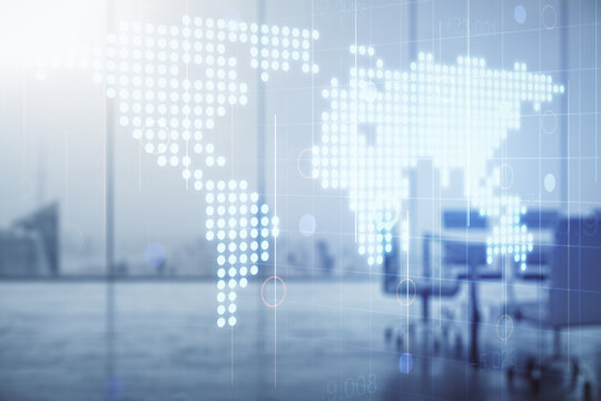 Multi exposure of abstract graphic world map hologram on a modern furnished office interior background, connection and communication concept