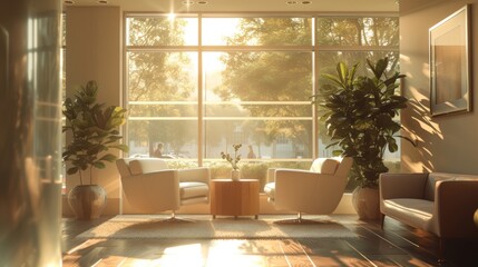 A Living Room with Two Chairs and a Table in Front of a Large Window - Generative AI