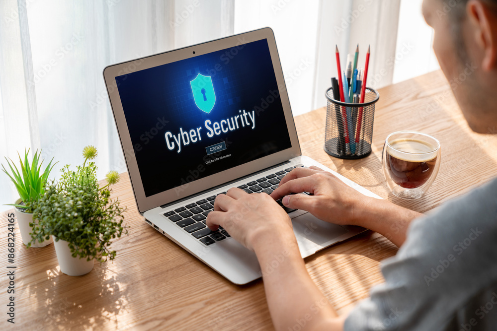 Poster cyber security system on computer screen protect private information snugly from hacker and cyber at