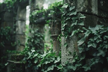 Obraz premium Ancient ruins partially covered with ivy, with a softly blurred background of a green landscape
