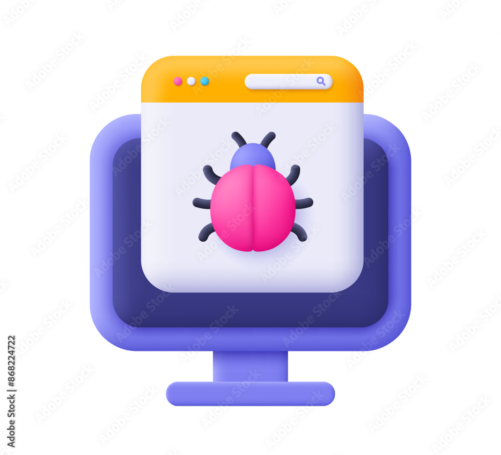 Poster computer with webpage and bug . cyber virus, malware. cyber security concept. 3d vector icon. cartoo
