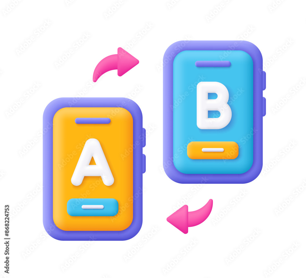 Poster ab testing application on display smartphone screen. bug fixing. 3d vector icon. cartoon minimal sty