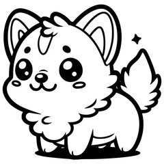 A cute cartoon corgi with big, sparkling eyes and a small tail, outlined in black and white.

