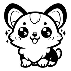 A cute cartoon corgi with big, sparkling eyes and a small tail, outlined in black and white.

