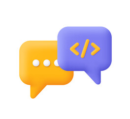 Code Chat. Speech bubble and code sign. Dialogue, chat, script, code. Information technology concept. 3d vector icon. Cartoon minimal style.