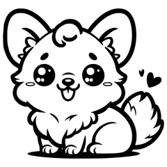 A cute cartoon corgi with big, sparkling eyes and a small tail, outlined in black and white.

