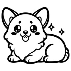A cute cartoon corgi with big, sparkling eyes and a small tail, outlined in black and white.


