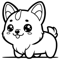 A cute cartoon corgi with big, sparkling eyes and a small tail, outlined in black and white.

