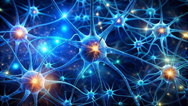 Intricate network of glowing blue neurons, pulsing dendrites, and vibrant synapses on a dark, illuminated biological abstract background.