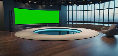 Tv studio. News room. Studio Background. modern studio. Newsroom background. Green screen on wall. Backdrop